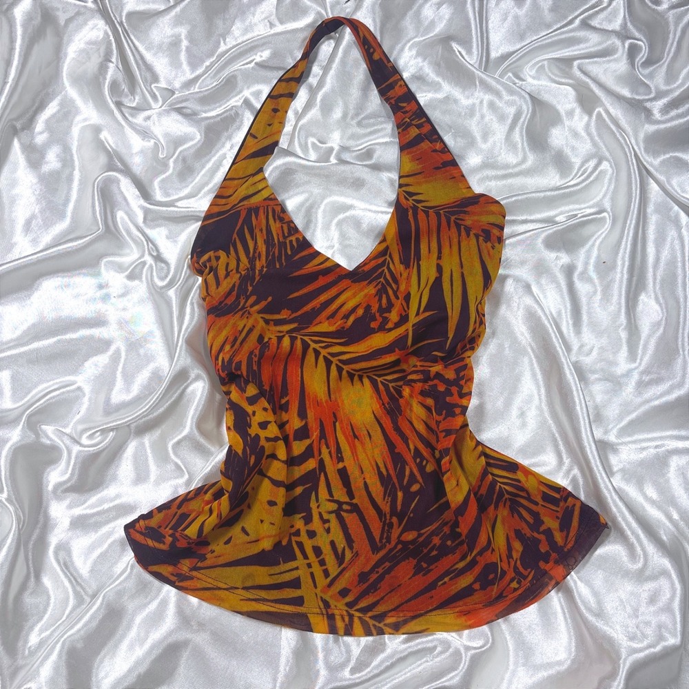y2k Halter Top Orange Excellent Tropical Palm Leaf Mesh PSSST Large